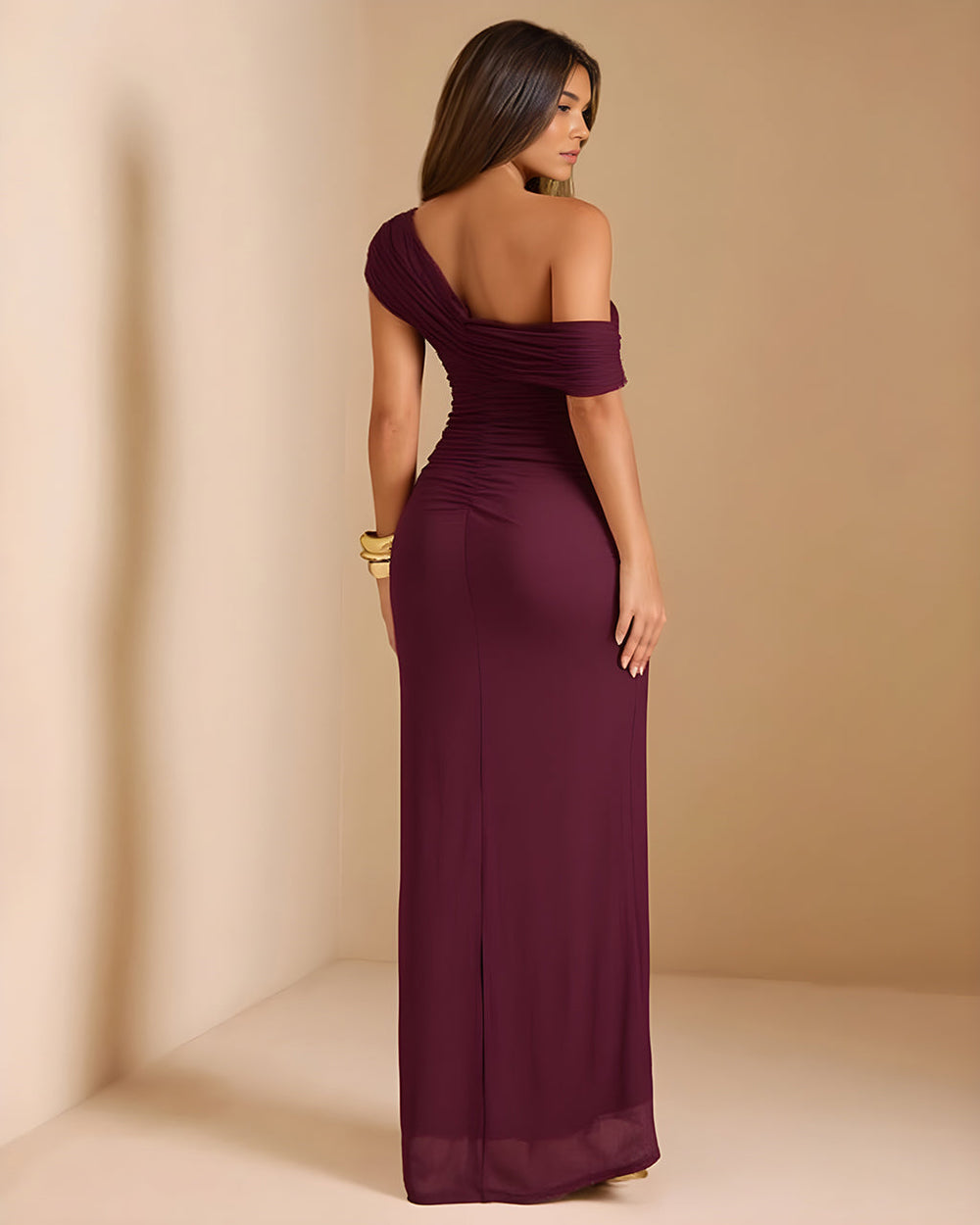 One Shoulder Ruched Decor Fit Maxi Dress SOLACE