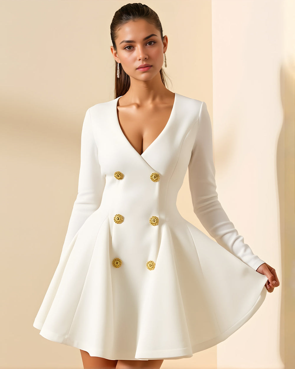 Gold Button Pleated Peplum-Hem Blazer Dress SOLACE