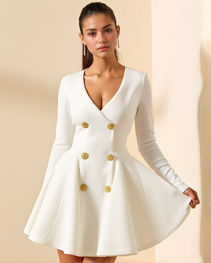 Gold Button Pleated Peplum-Hem Blazer Dress SOLACE