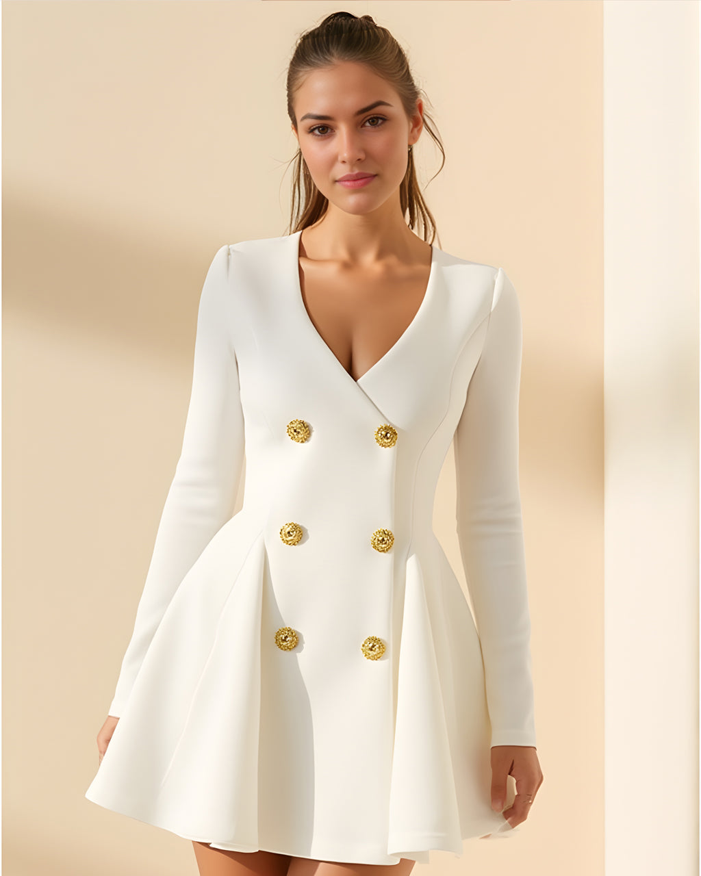 Gold Button Pleated Peplum-Hem Blazer Dress SOLACE