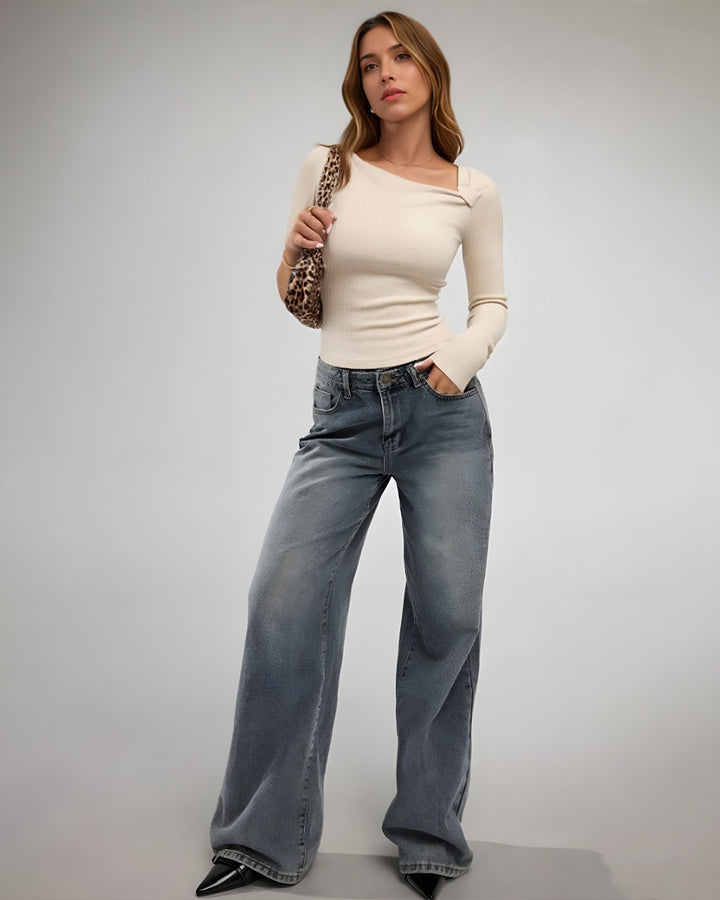 Solid Color Asymmetric Long Sleeve Top SOLACE