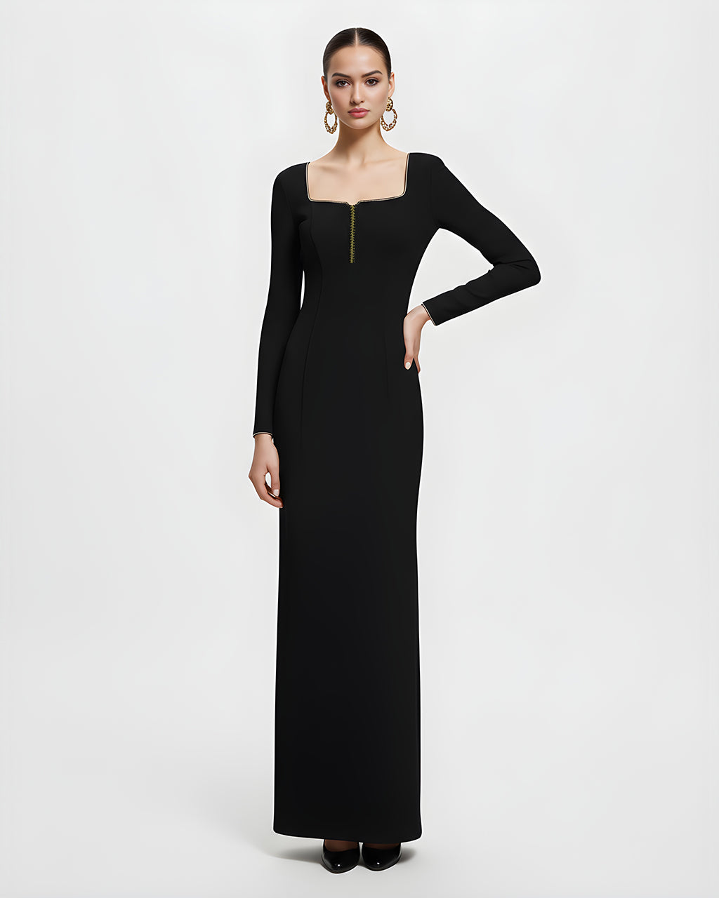 Square-Neck Gold Trim Dress SOLACE