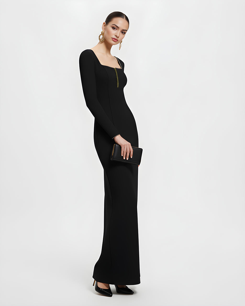 Square-Neck Gold Trim Dress SOLACE