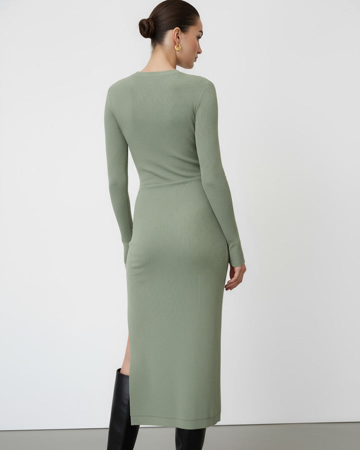 Green Knit Split-Front Pleat Dress SOLACE