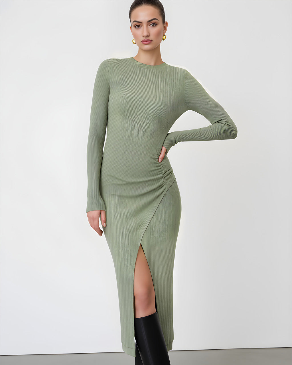 Green Knit Split-Front Pleat Dress SOLACE