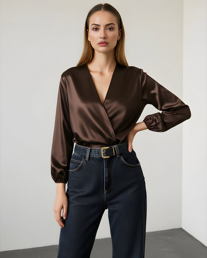Brown V Neck Wrap Satin Tops SOLACE