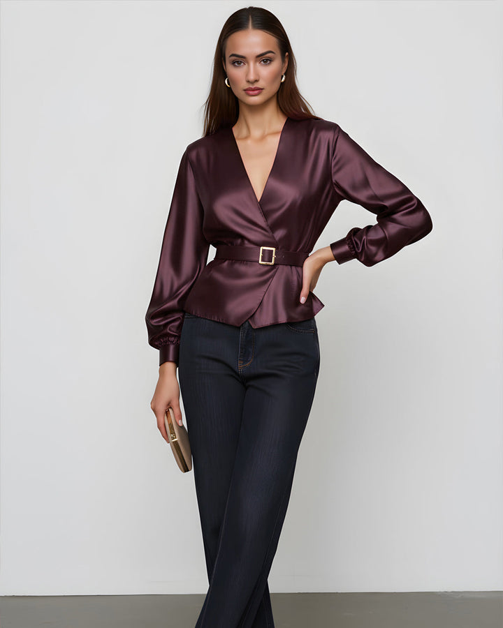 Wine Red Satin Belt Satin Wrap Top SOLACE
