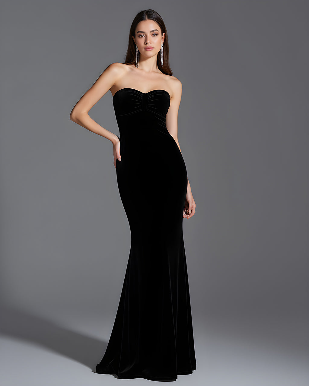 Black Strapless Chest Pleat Mermaid Dress SOLACE
