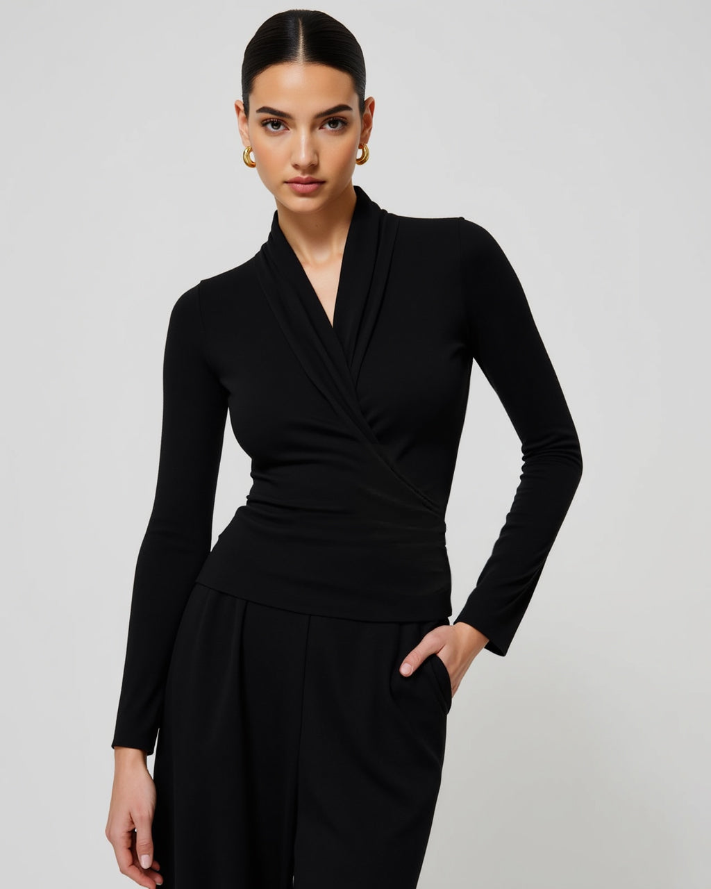 V-neck Long Sleeve Ruched Wrap Top SOLACE