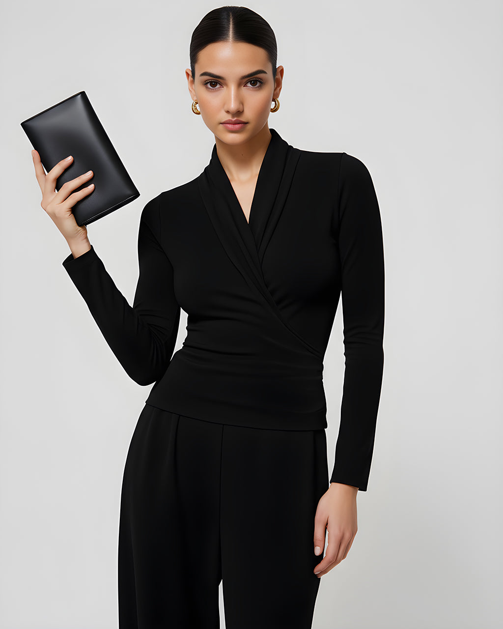 V-neck Long Sleeve Ruched Wrap Top SOLACE