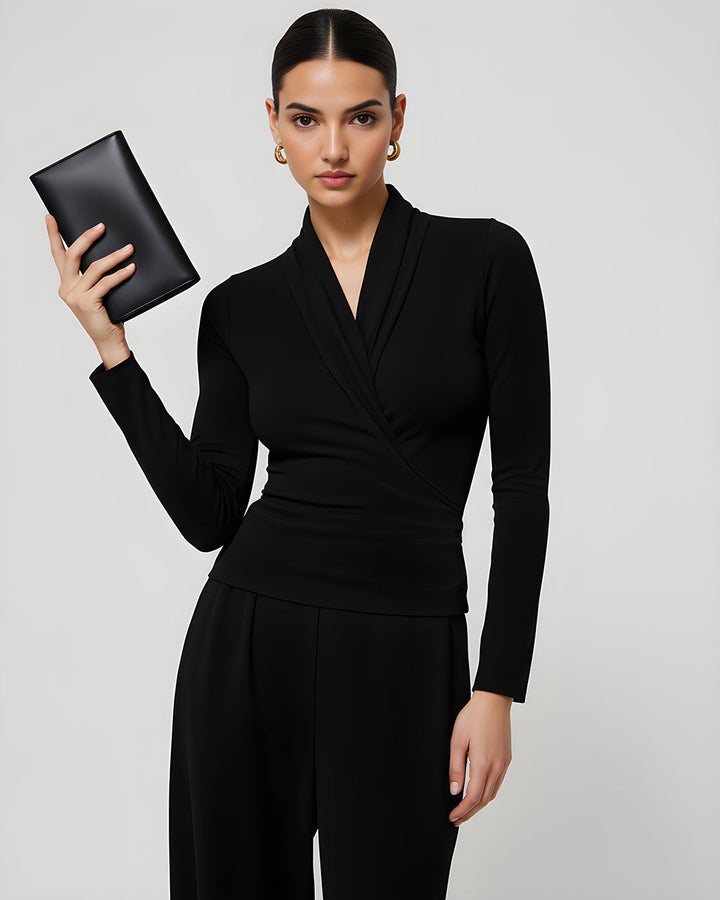 V-neck Long Sleeve Ruched Wrap Top SOLACE