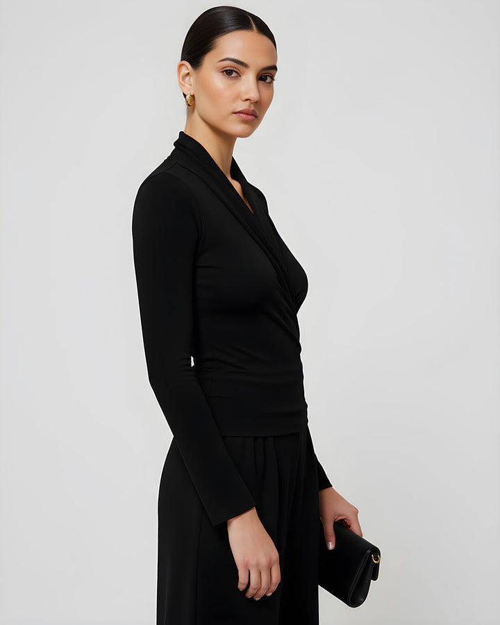 V-neck Long Sleeve Ruched Wrap Top SOLACE