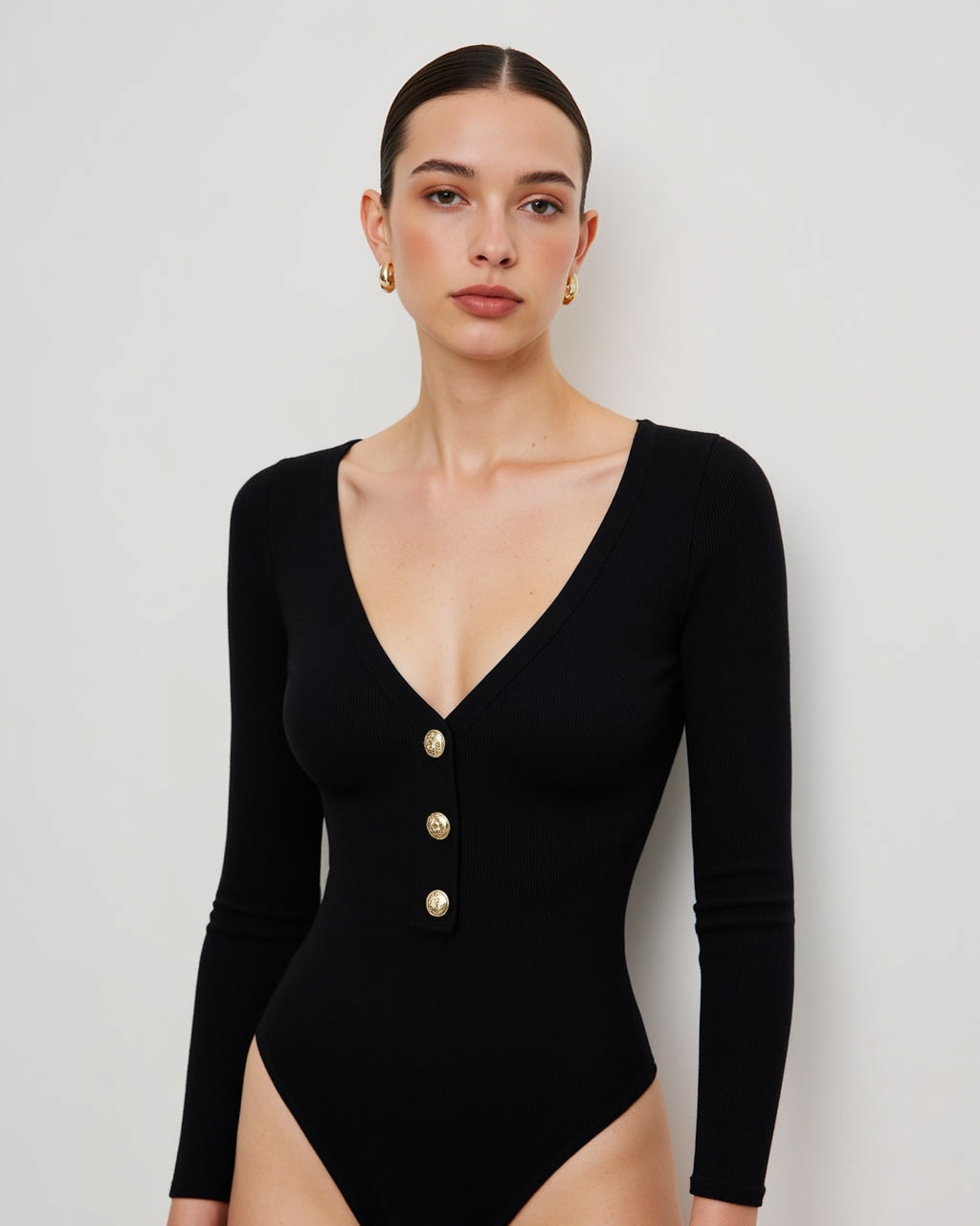 Black Button Embellish Bodysuit SOLACE