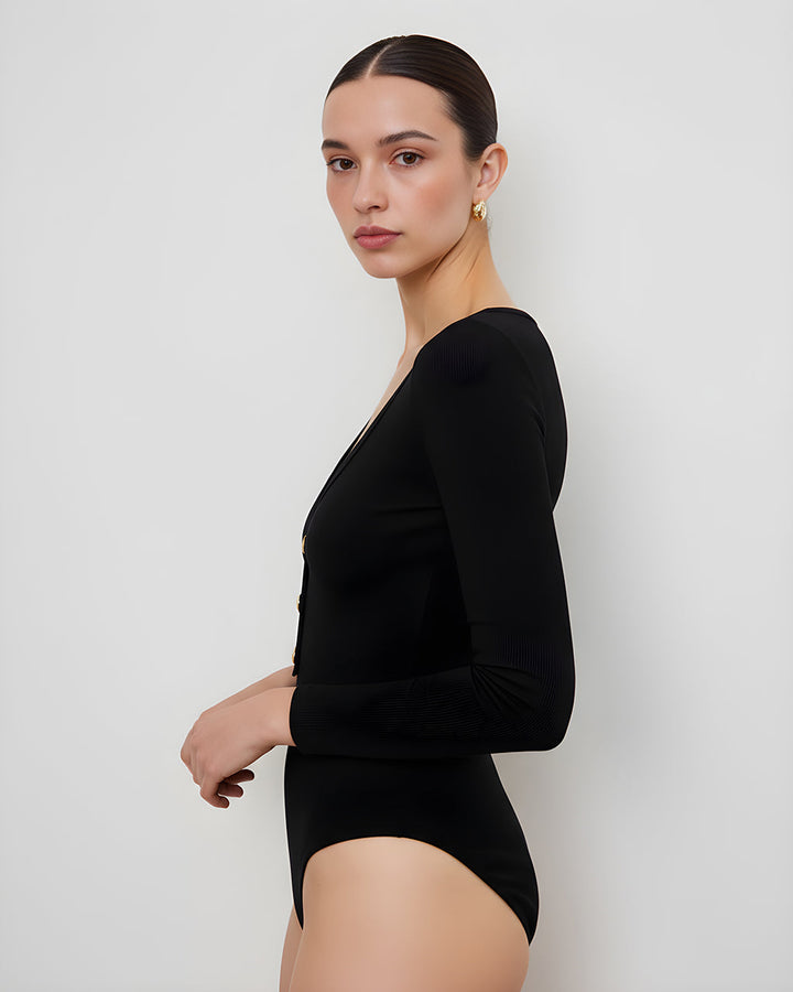 Black Button Embellish Bodysuit SOLACE