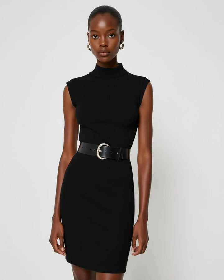 Black Mock-Neck Belted Mini Dress SOLACE