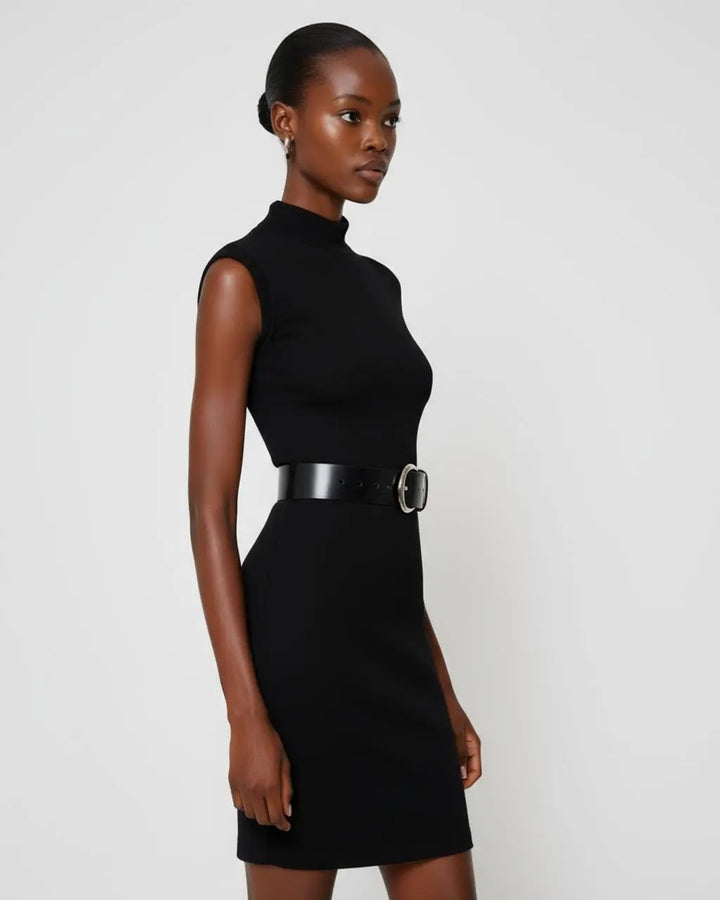 Black Mock-Neck Belted Mini Dress SOLACE
