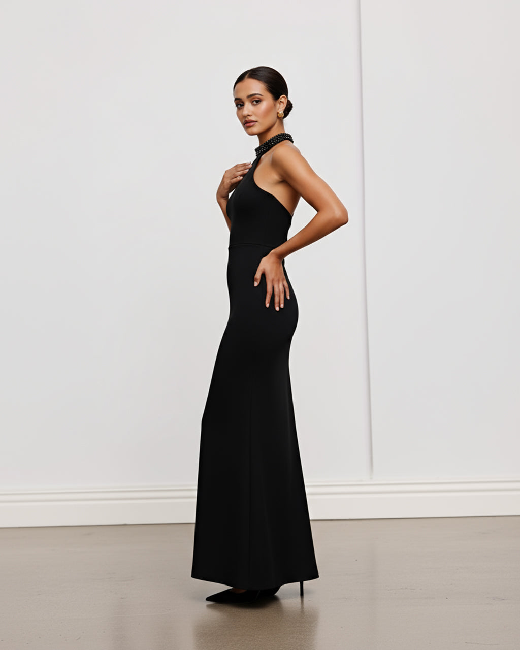 Black Beaded Halter Neck Mermaid Dress SOLACE