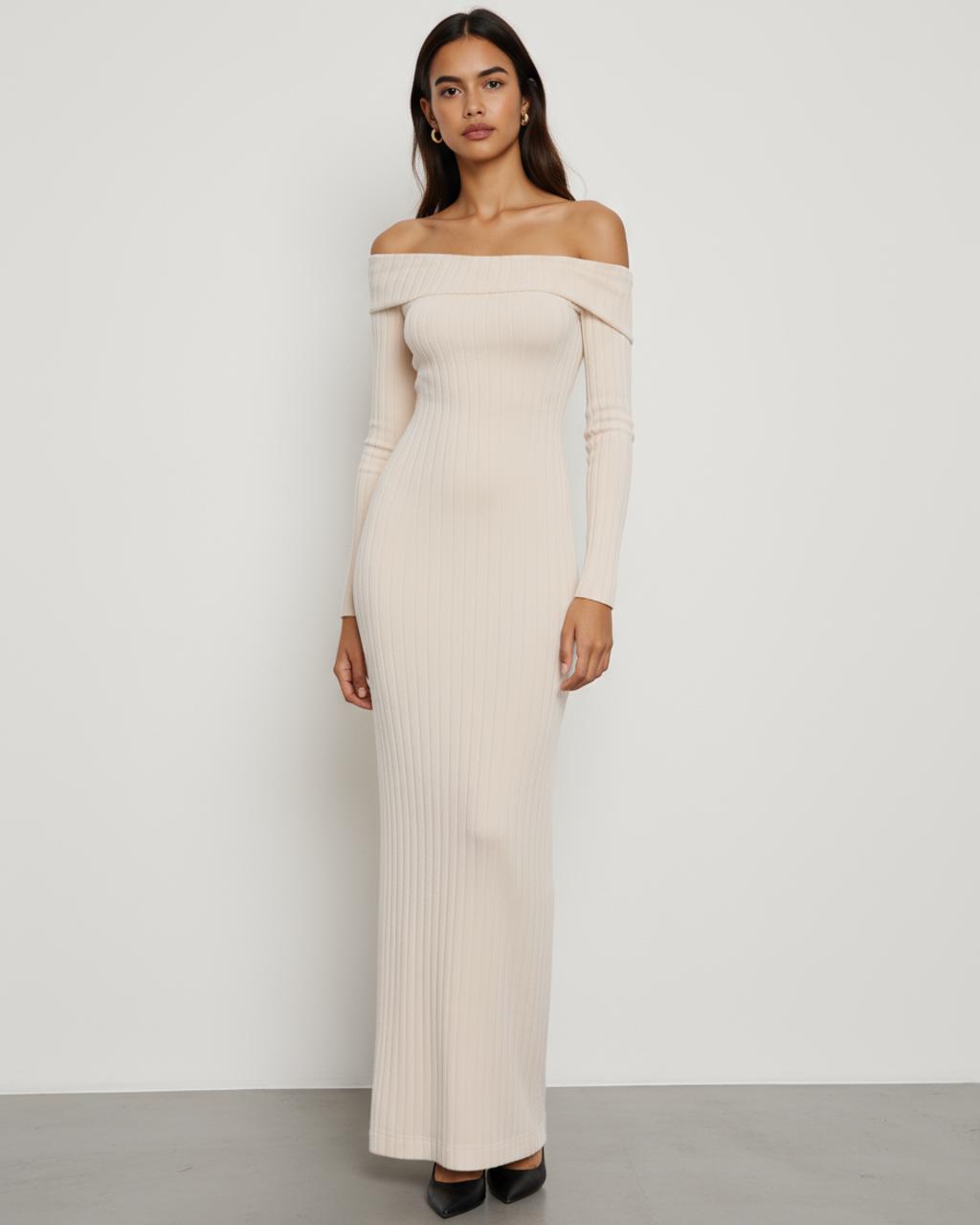 Off-Shoulder Rib Knit Maxi Dress SOLACE