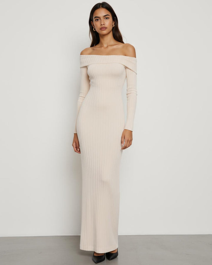 Off-Shoulder Rib Knit Maxi Dress SOLACE