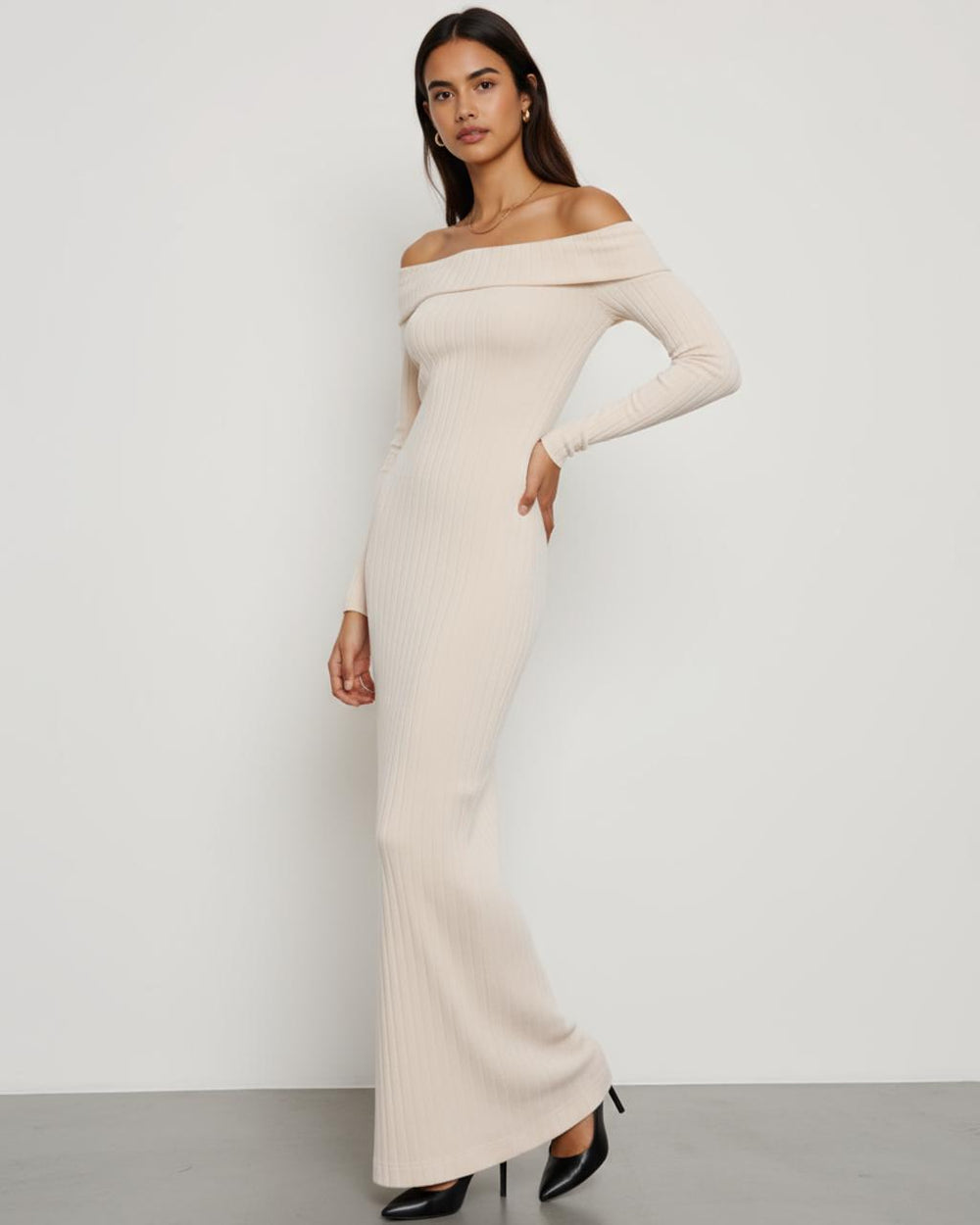 Off-Shoulder Rib Knit Maxi Dress SOLACE