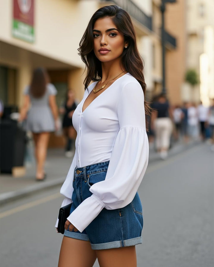 Casual V Neck Lantern Sleeve Top SOLACE