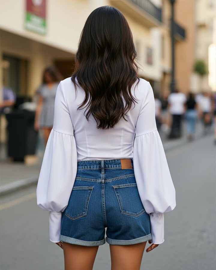 Casual V Neck Lantern Sleeve Top SOLACE