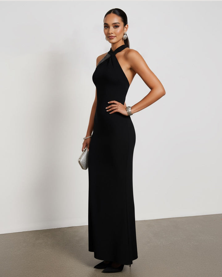 Black Cross Neck Rhinestone Slim-Fitting Dress SOLACE