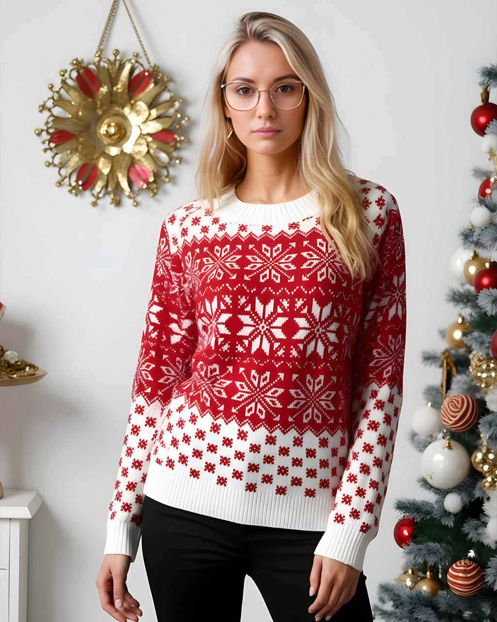 Christmas Fair Isle Color Contrast Snowflake Sweater SOLACE
