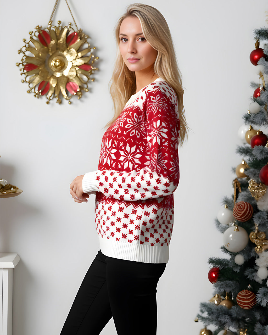 Christmas Fair Isle Color Contrast Snowflake Sweater SOLACE