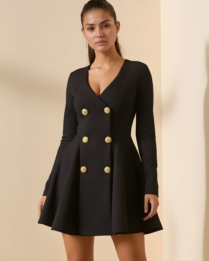 Gold Button Pleated Peplum-Hem Blazer Dress SOLACE